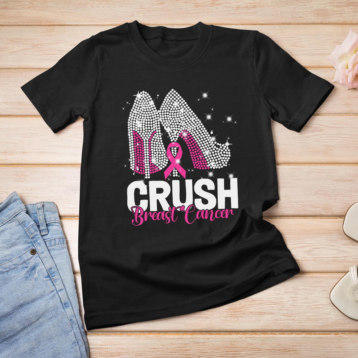Crush Breast Cancer Awareness T Shirt For Women Bling High Heels Pink Ribbon - Wonder Print Shop