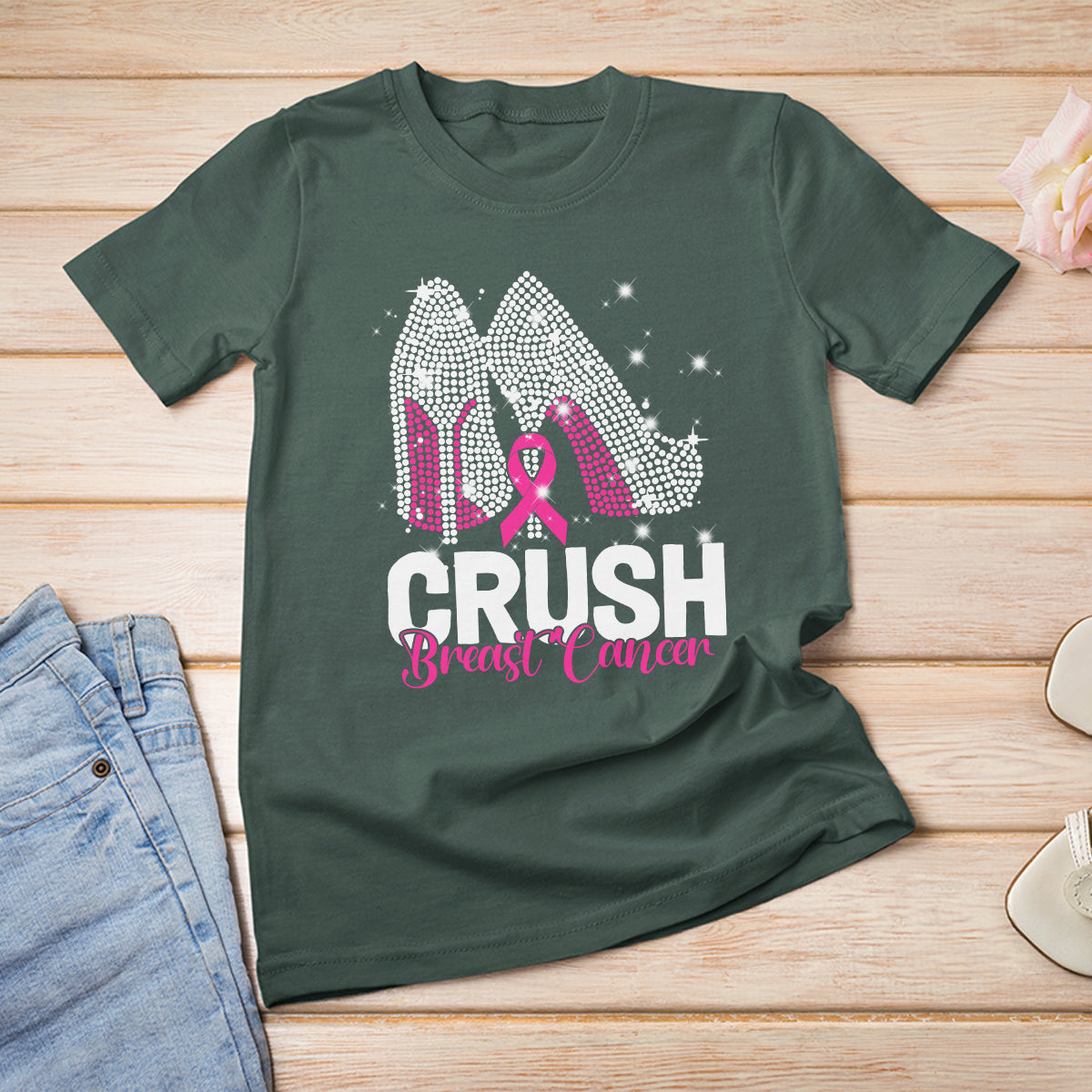 Crush Breast Cancer Awareness T Shirt For Women Bling High Heels Pink Ribbon - Wonder Print Shop