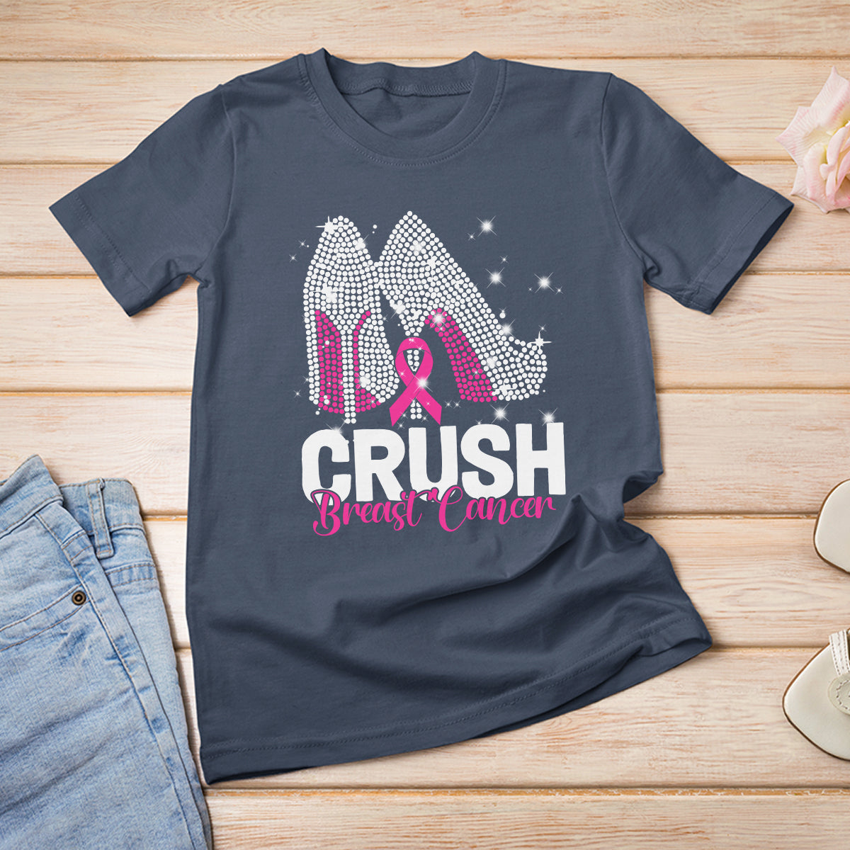 Crush Breast Cancer Awareness T Shirt For Women Bling High Heels Pink Ribbon - Wonder Print Shop