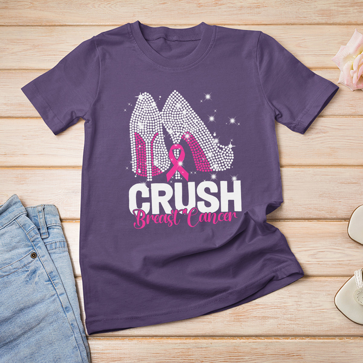 Crush Breast Cancer Awareness T Shirt For Women Bling High Heels Pink Ribbon - Wonder Print Shop