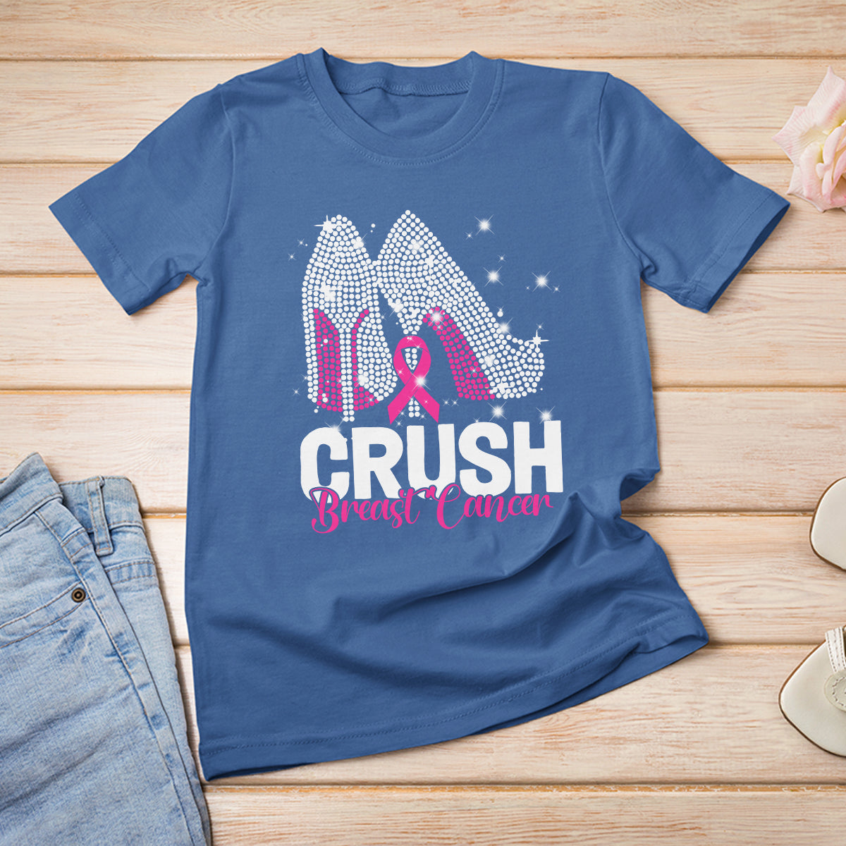 Crush Breast Cancer Awareness T Shirt For Women Bling High Heels Pink Ribbon - Wonder Print Shop