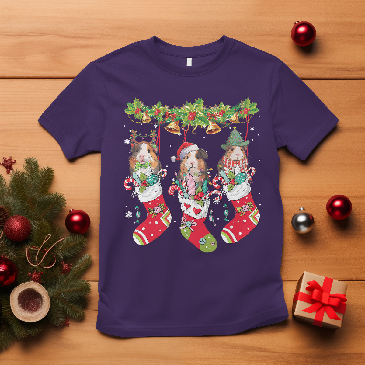 Christmas T Shirt Guinea Pig In Xmas Socks Cute Santa Hat - Wonder Print Shop