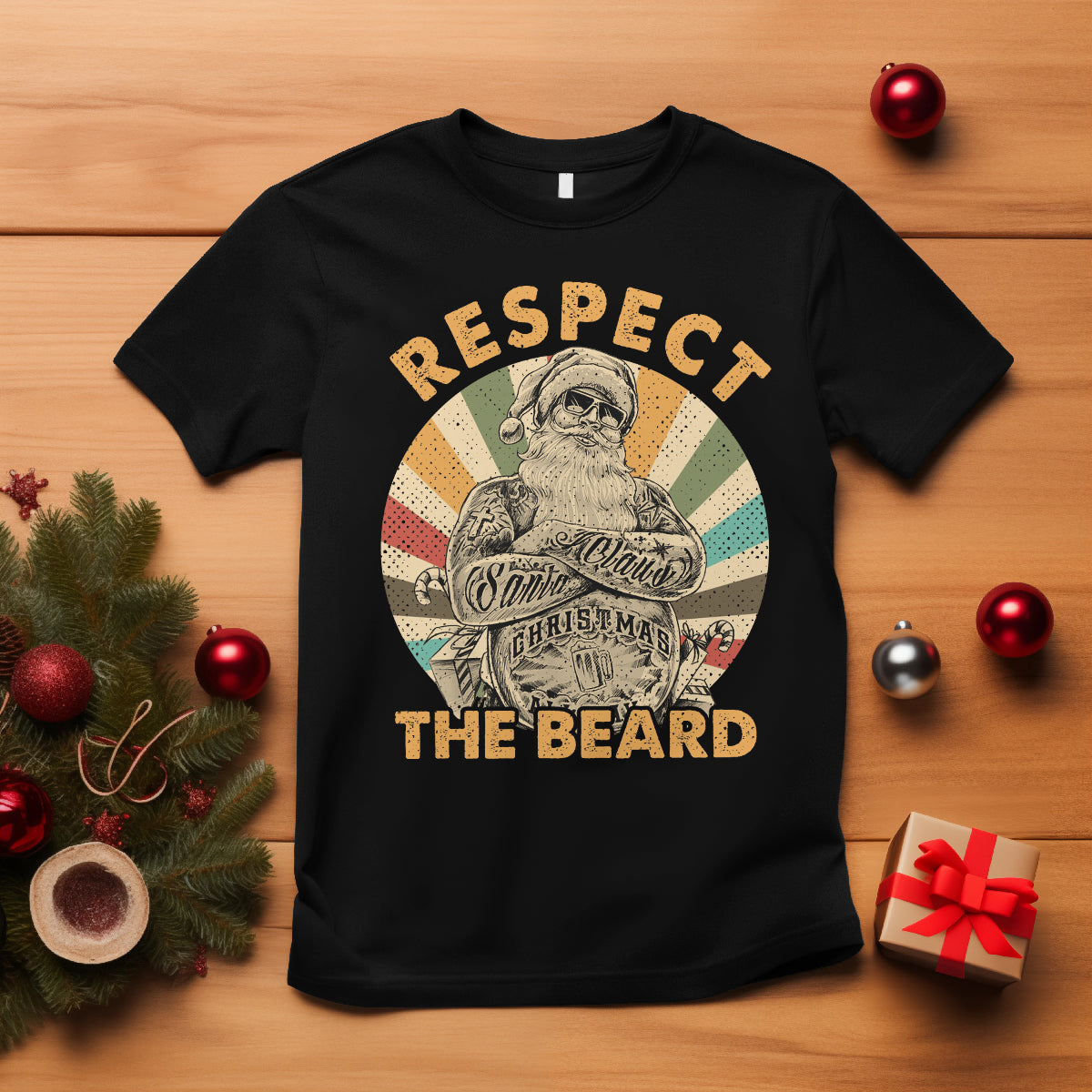 Christmas T Shirt Respect The Beard Cool Santa - Wonder Print Shop
