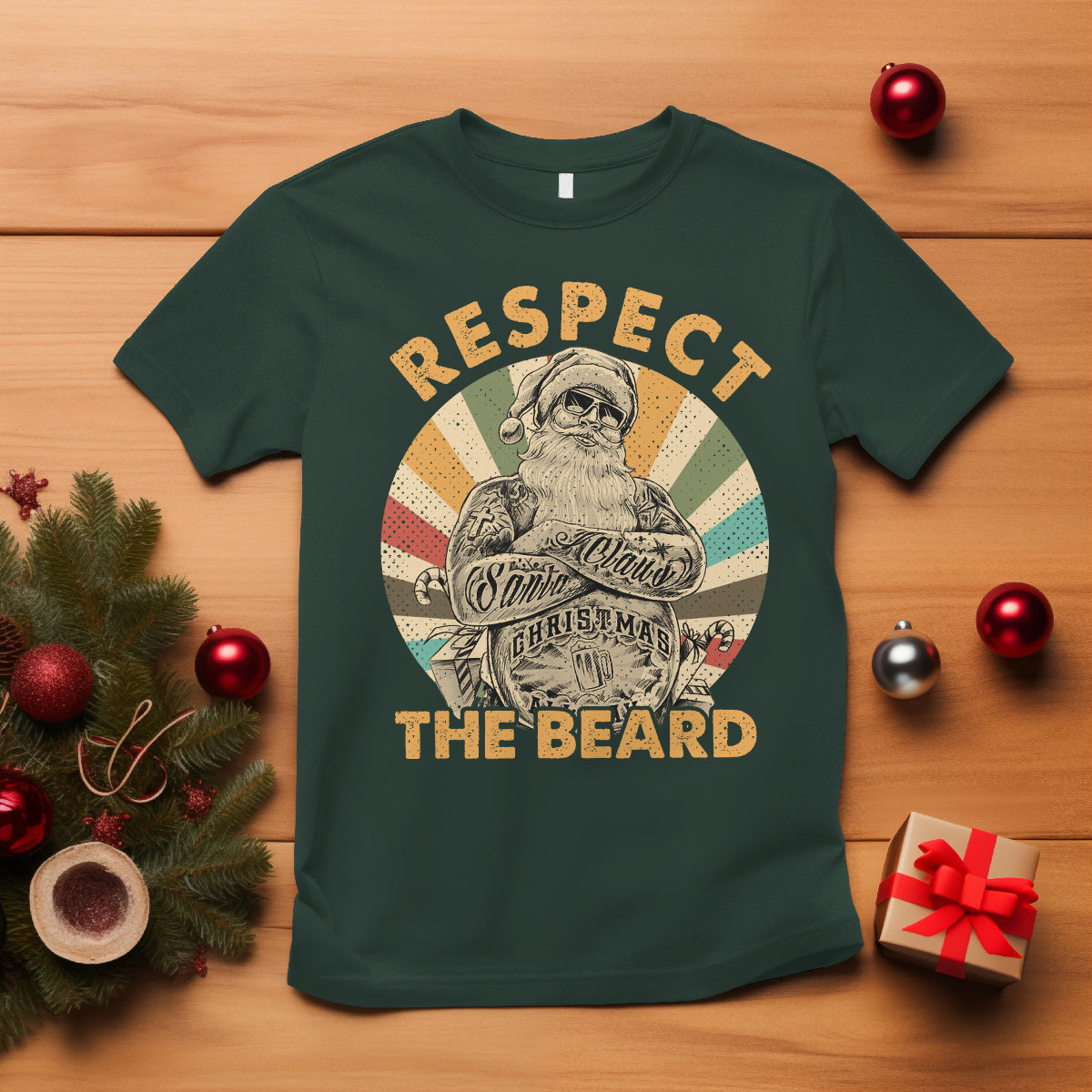 Christmas T Shirt Respect The Beard Cool Santa - Wonder Print Shop