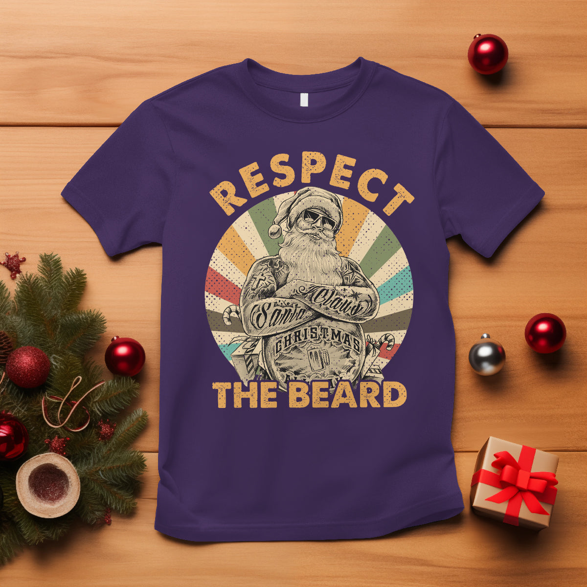 Christmas T Shirt Respect The Beard Cool Santa - Wonder Print Shop