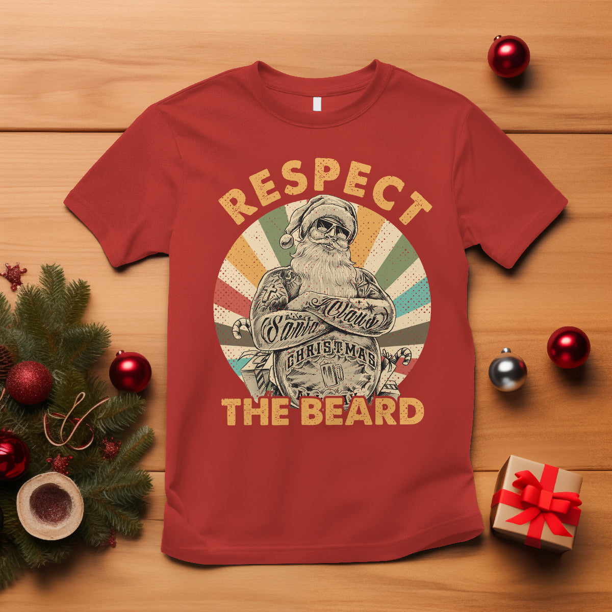 Christmas T Shirt Respect The Beard Cool Santa - Wonder Print Shop