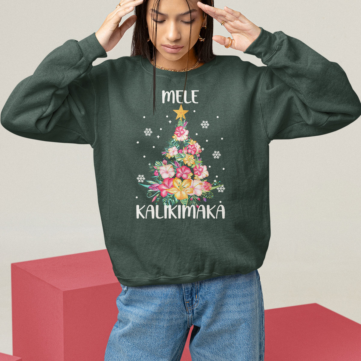 Mele Kalikimaka Hawaiian Christmas Tree Tropical Flower Sweatshirt - Wonder Print Shop