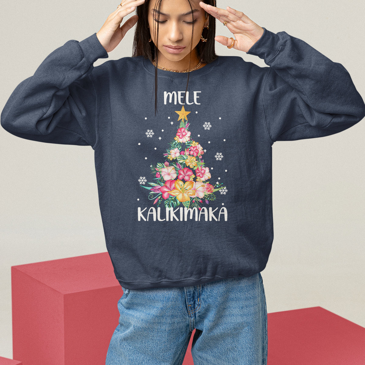 Mele Kalikimaka Hawaiian Christmas Tree Tropical Flower Sweatshirt - Wonder Print Shop