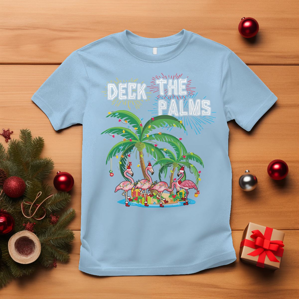 Christmas In Hawaii T Shirt Deck the Palms Firework Merry Christmas Flamingo - Wonder Print Shop