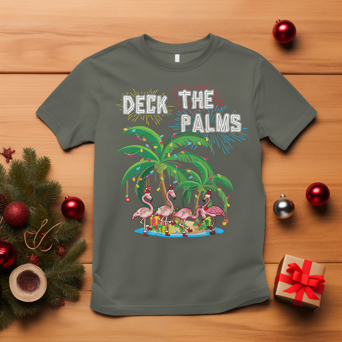 Christmas In Hawaii T Shirt Deck the Palms Firework Merry Christmas Flamingo - Wonder Print Shop