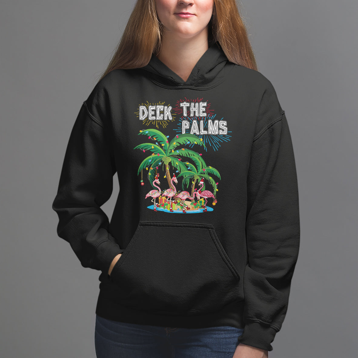 Christmas In Hawaii Hoodie Deck the Palms Firework Merry Christmas Flamingo - Wonder Print Shop