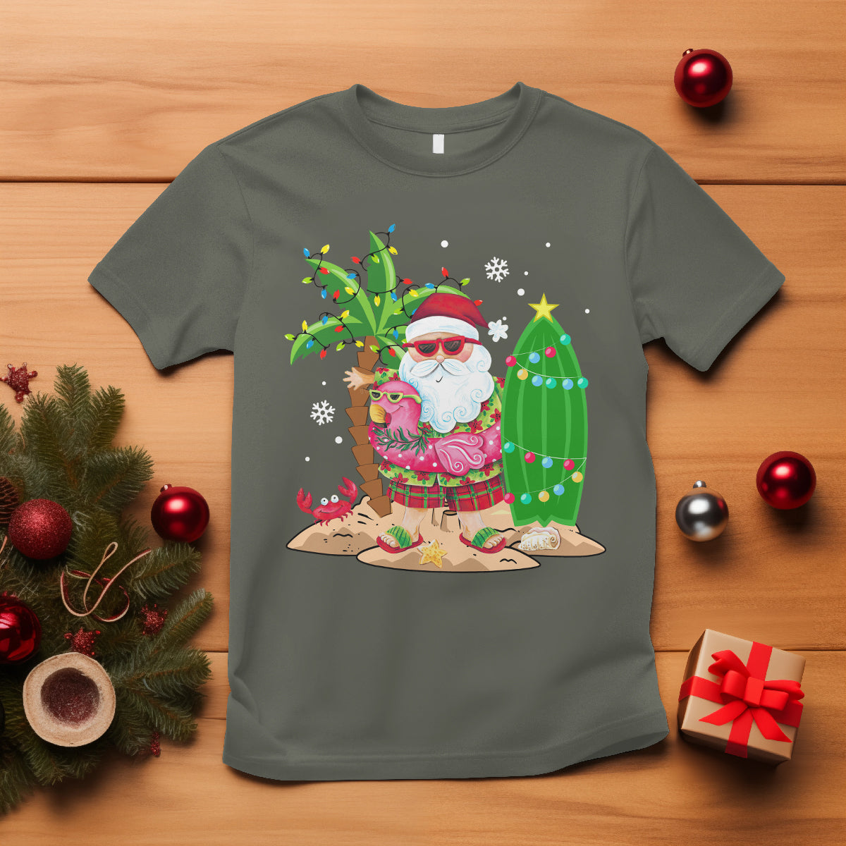 Christmas In Hawaii T Shirt Flamingo Float Xmas Palm Tree Surfboard Cute Santa At Beach - Wonder Print Shop