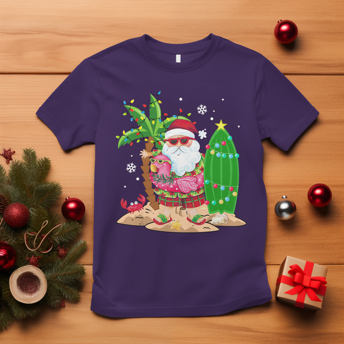 Christmas In Hawaii T Shirt Flamingo Float Xmas Palm Tree Surfboard Cute Santa At Beach - Wonder Print Shop