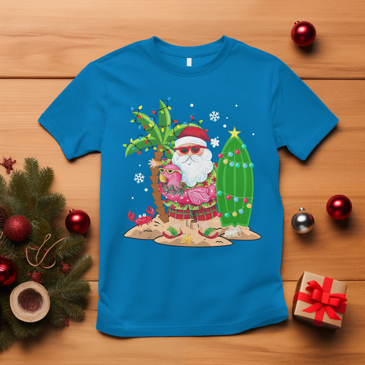 Christmas In Hawaii T Shirt Flamingo Float Xmas Palm Tree Surfboard Cute Santa At Beach - Wonder Print Shop