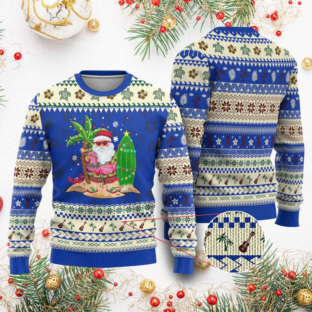 Xmas In Hawaii Ugly Christmas Sweater Flamingo Float Xmas Palm Tree Surfboard Cute Santa At Beach - Wonder Print Shop
