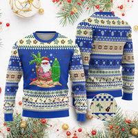Xmas In Hawaii Ugly Christmas Sweater Flamingo Float Xmas Palm Tree Surfboard Cute Santa At Beach - Wonder Print Shop