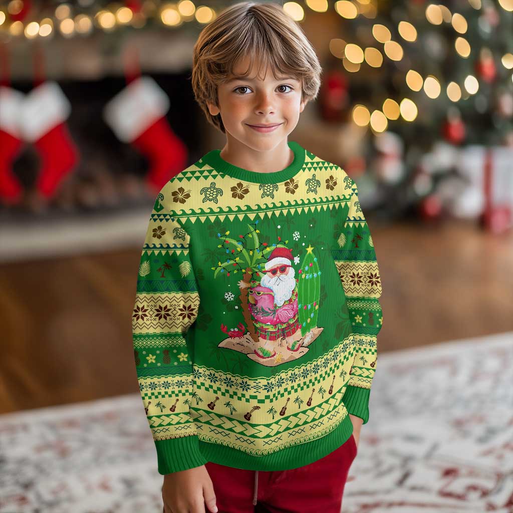 Xmas In Hawaii Ugly Christmas Sweater Flamingo Float Xmas Palm Tree Surfboard Cute Santa At Beach - Wonder Print Shop