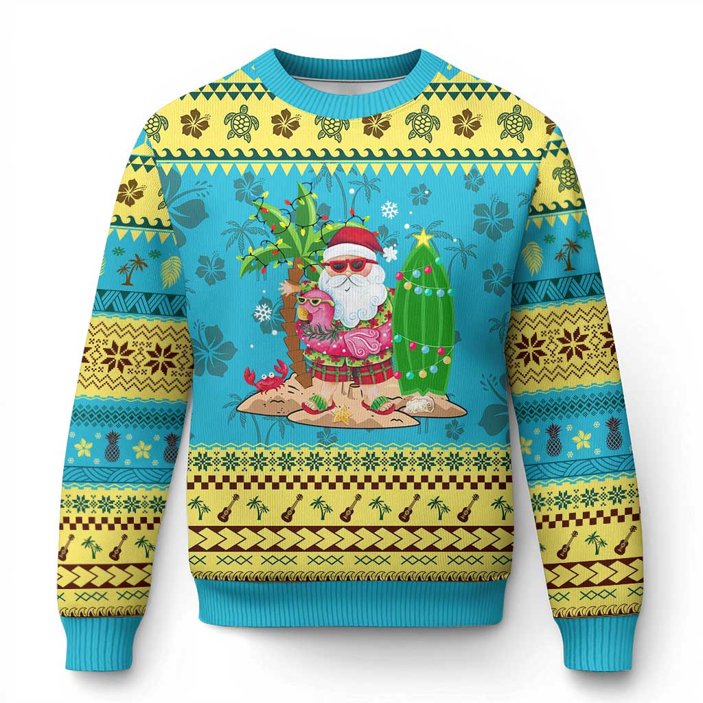 Xmas In Hawaii Ugly Christmas Sweater Flamingo Float Xmas Palm Tree Surfboard Cute Santa At Beach - Wonder Print Shop