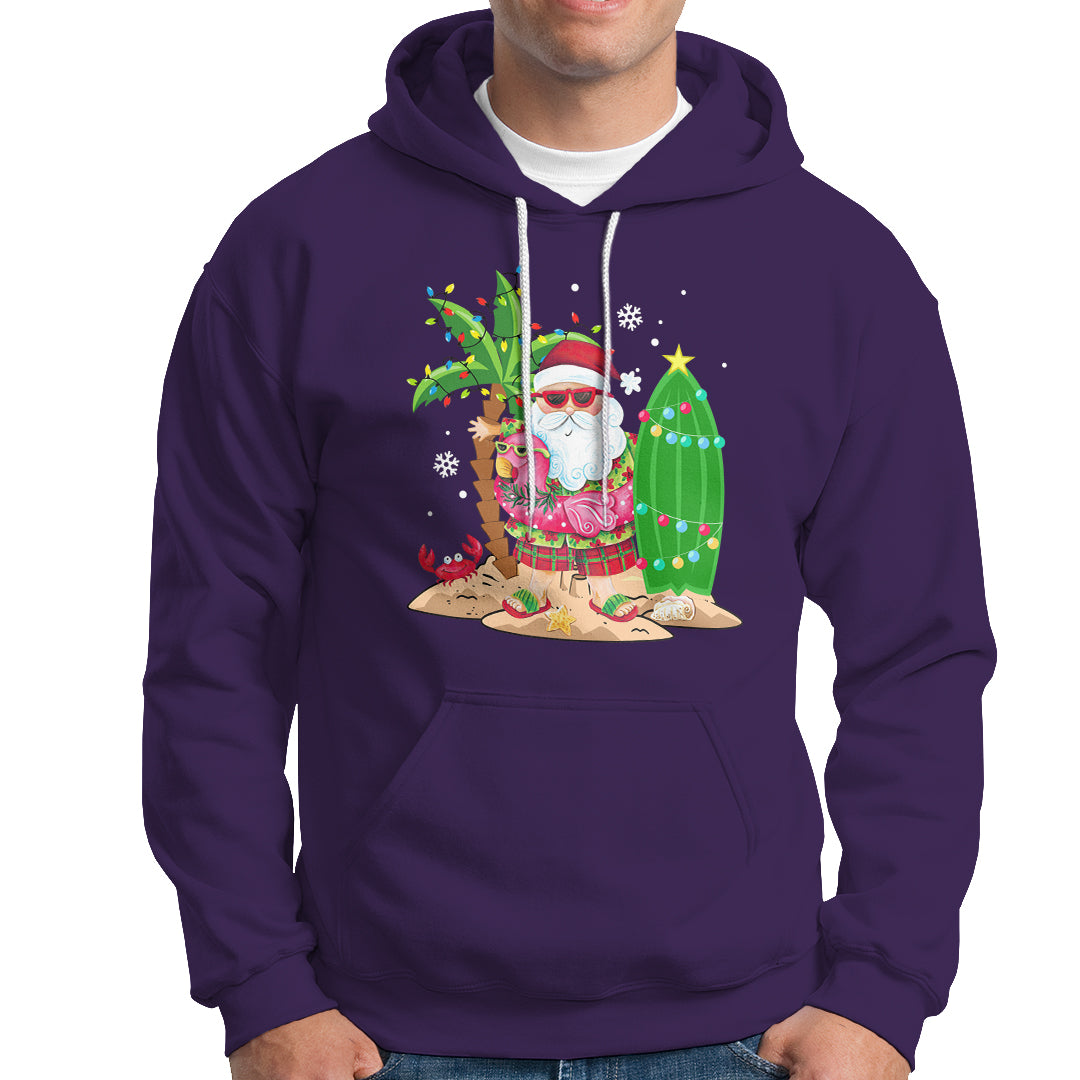 Christmas In Hawaii Hoodie Flamingo Float Xmas Palm Tree Surfboard Cute Santa At Beach - Wonder Print Shop