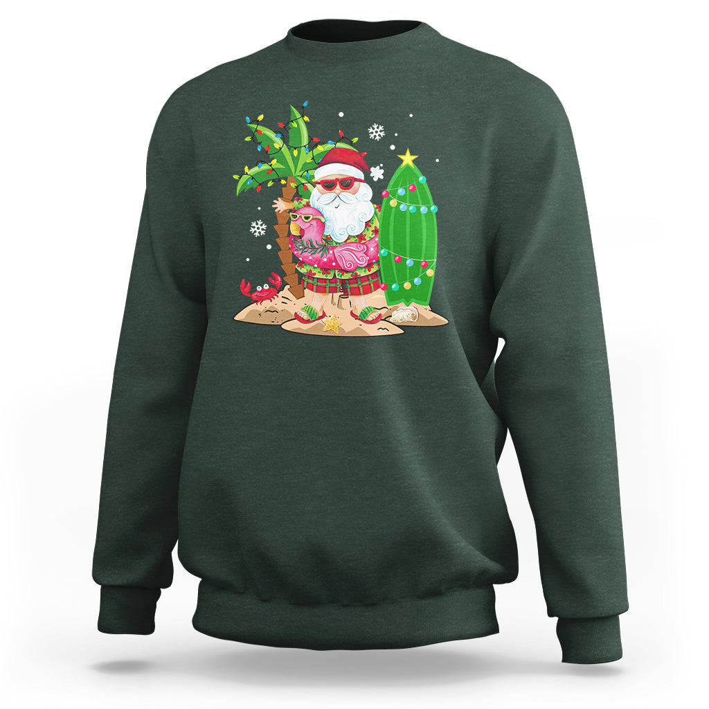 Christmas In Hawaii Sweatshirt Flamingo Float Xmas Palm Tree Surfboard Cute Santa At Beach - Wonder Print Shop