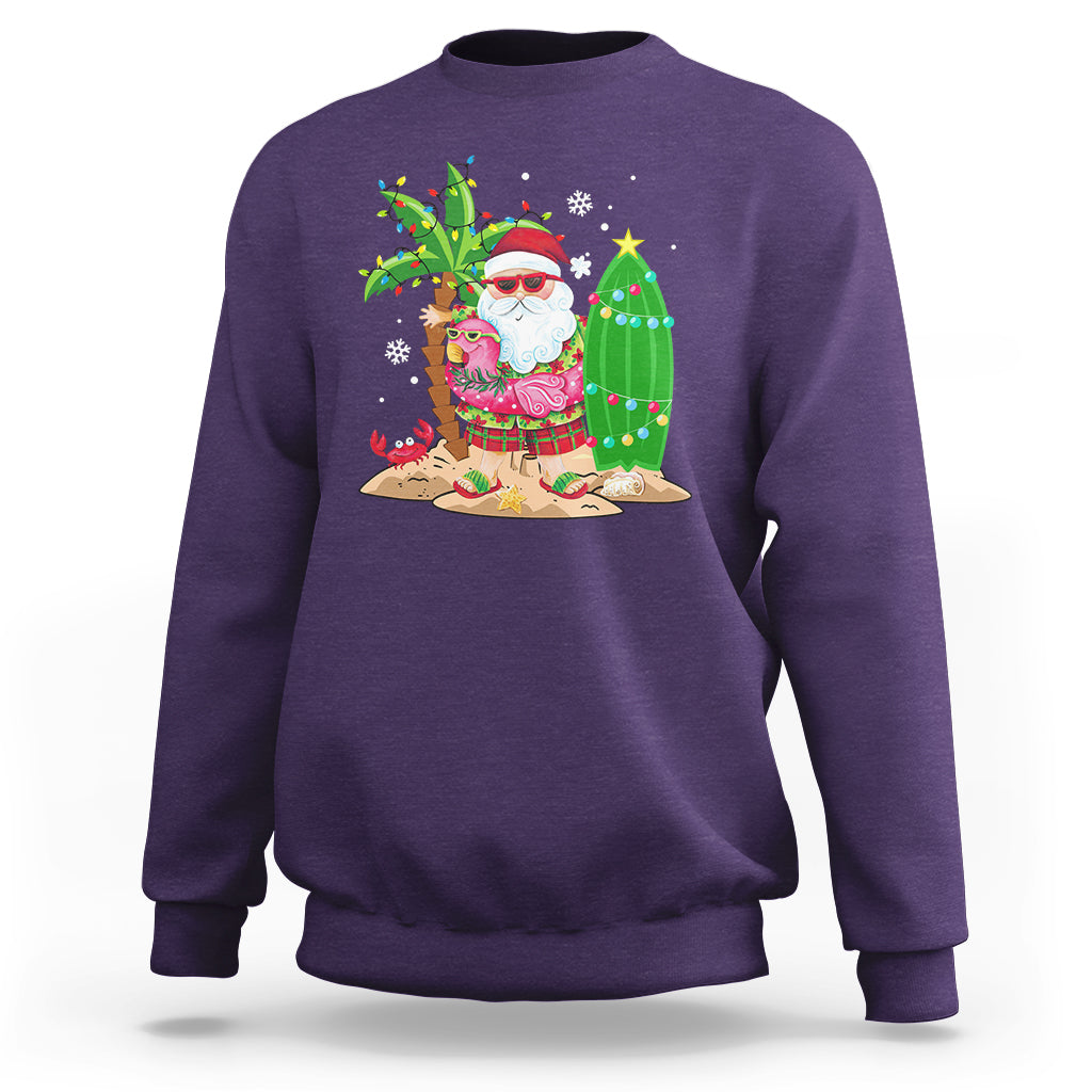 Christmas In Hawaii Sweatshirt Flamingo Float Xmas Palm Tree Surfboard Cute Santa At Beach - Wonder Print Shop