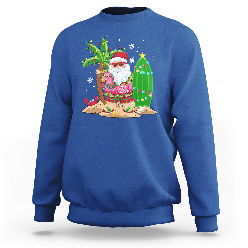 Christmas In Hawaii Sweatshirt Flamingo Float Xmas Palm Tree Surfboard Cute Santa At Beach - Wonder Print Shop