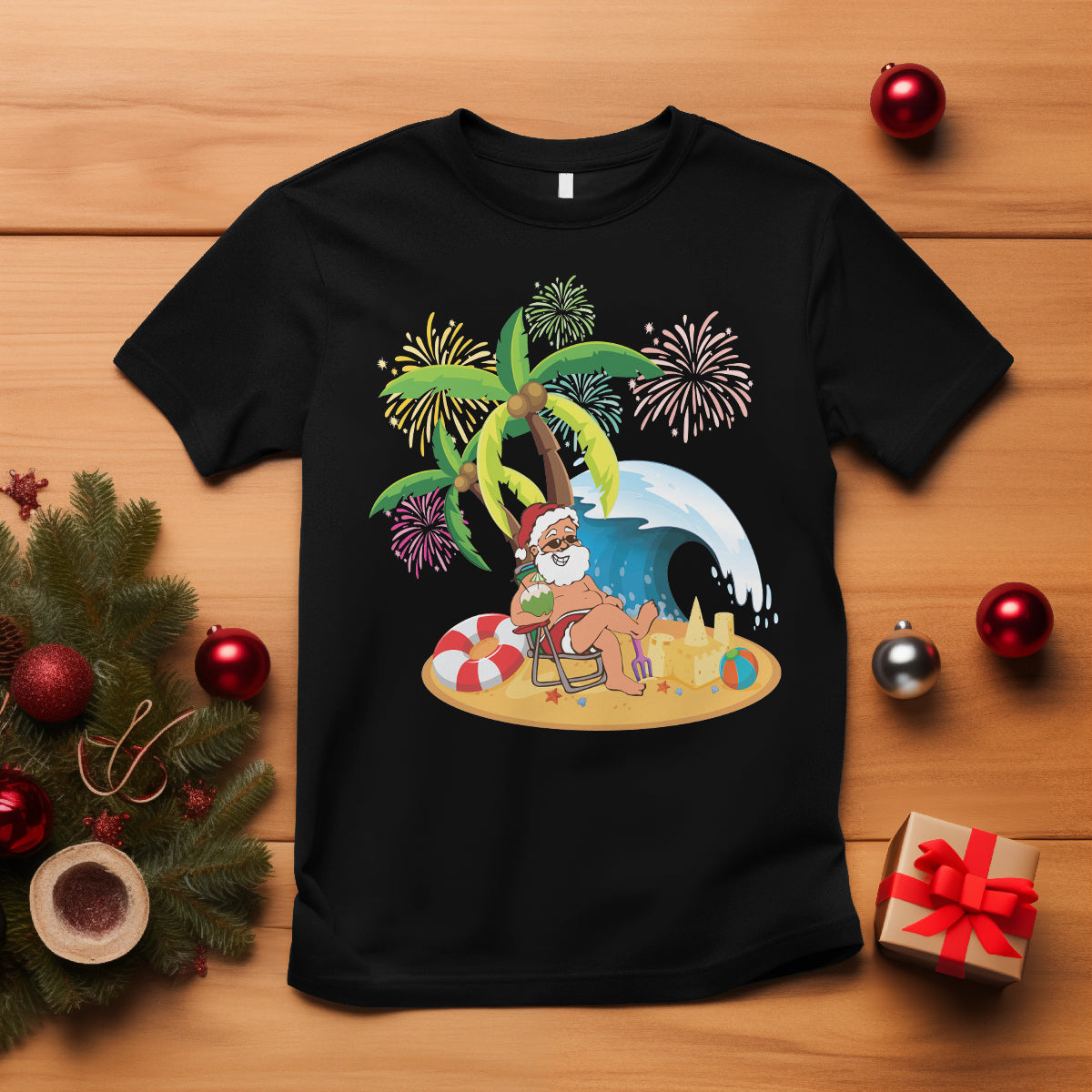 Christmas In Hawaii T Shirt Palm Tree Firework Santa At Beach Drinking Coconut - Wonder Print Shop