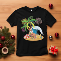 Christmas In Hawaii T Shirt Palm Tree Firework Santa At Beach Drinking Coconut - Wonder Print Shop