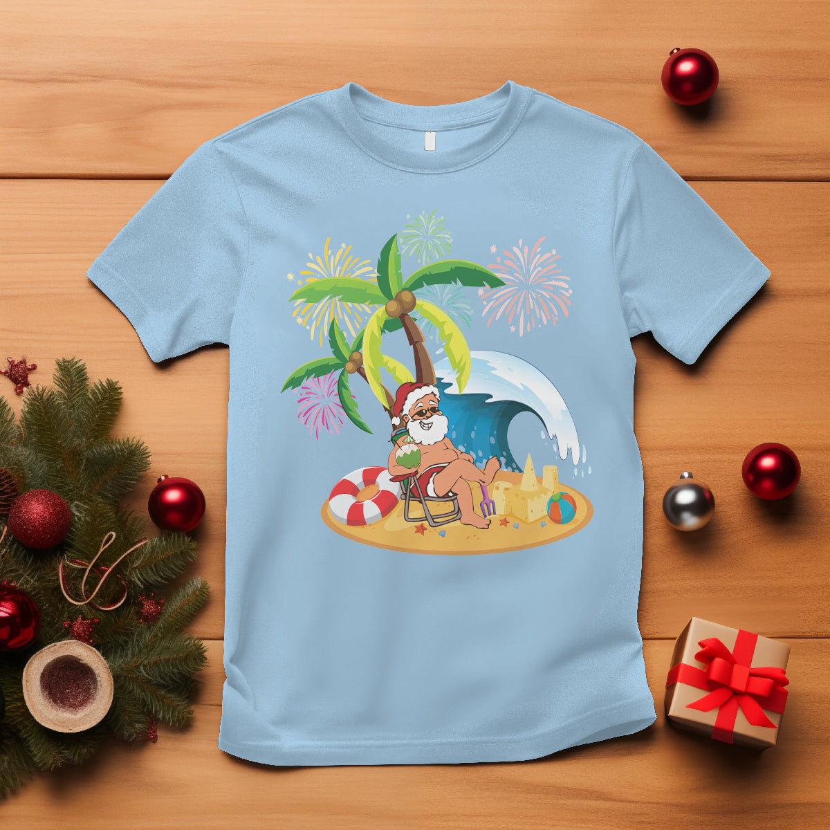Christmas In Hawaii T Shirt Palm Tree Firework Santa At Beach Drinking Coconut - Wonder Print Shop