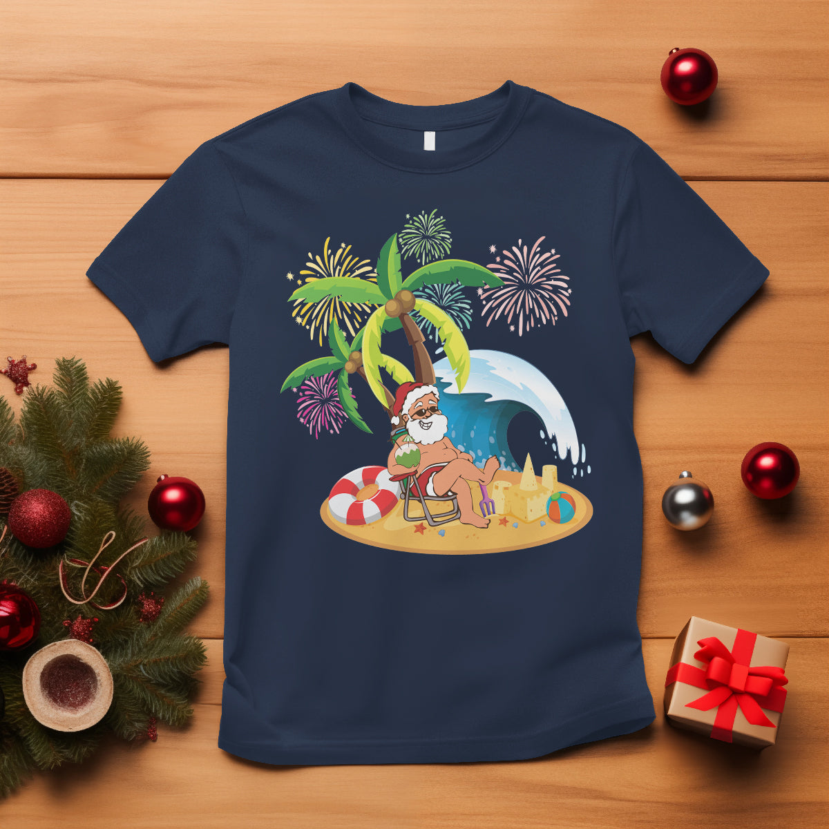 Christmas In Hawaii T Shirt Palm Tree Firework Santa At Beach Drinking Coconut - Wonder Print Shop
