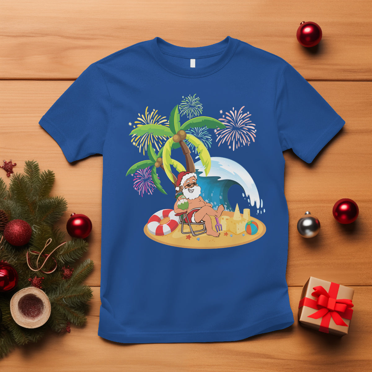 Christmas In Hawaii T Shirt Palm Tree Firework Santa At Beach Drinking Coconut - Wonder Print Shop