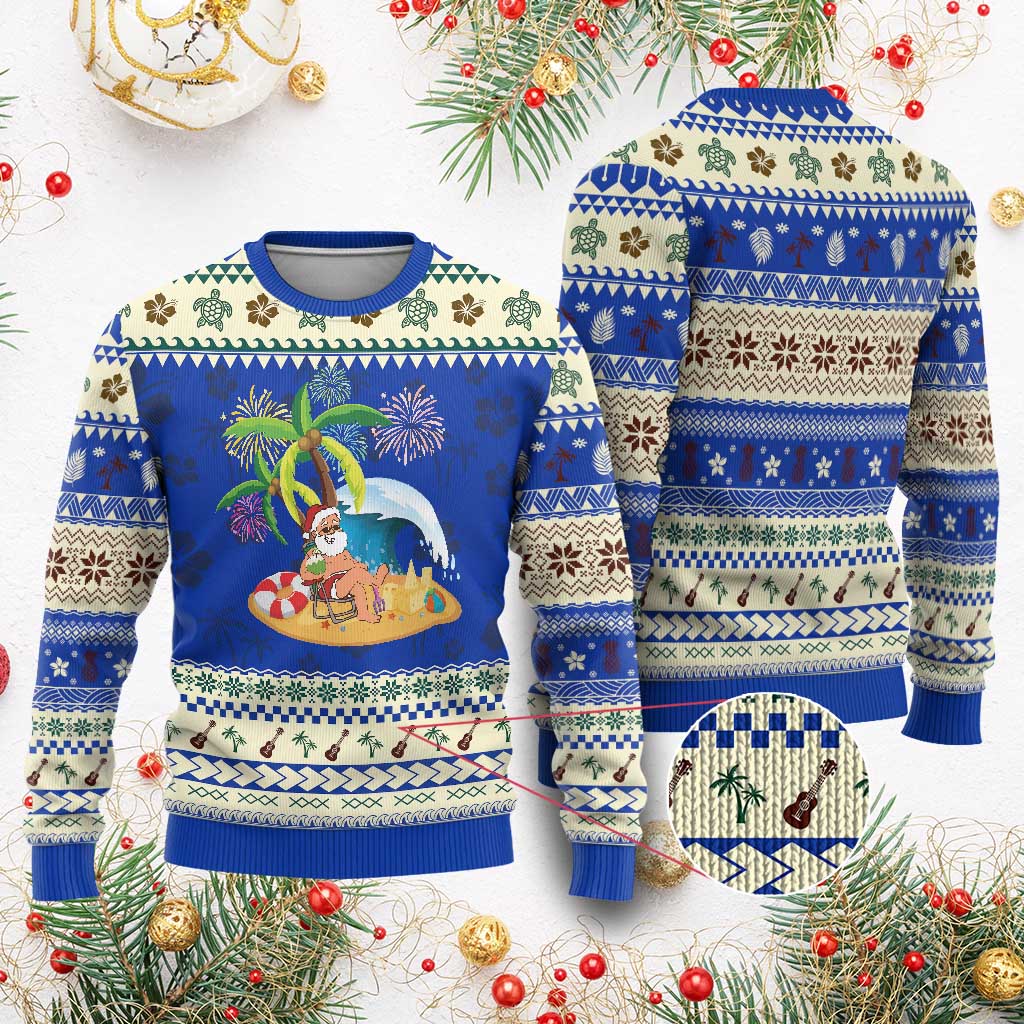 Xmas In Hawaii Ugly Christmas Sweater Palm Tree Firework Santa At Beach Drinking Coconut - Wonder Print Shop
