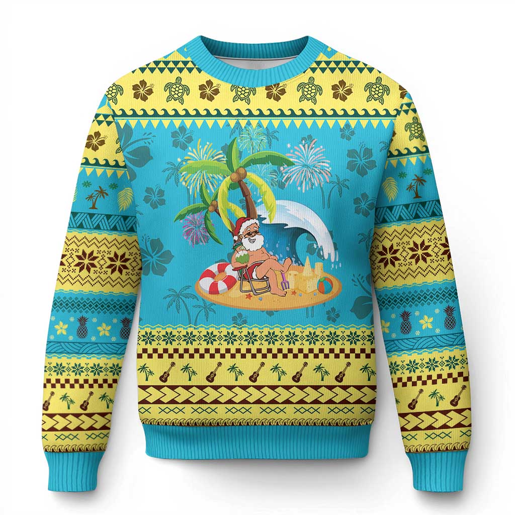 Xmas In Hawaii Ugly Christmas Sweater Palm Tree Firework Santa At Beach Drinking Coconut - Wonder Print Shop