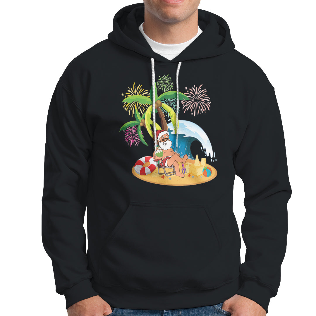 Christmas In Hawaii Hoodie Palm Tree Firework Santa At Beach Drinking Coconut - Wonder Print Shop