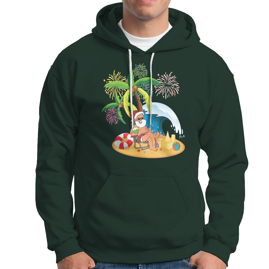 Christmas In Hawaii Hoodie Palm Tree Firework Santa At Beach Drinking Coconut - Wonder Print Shop