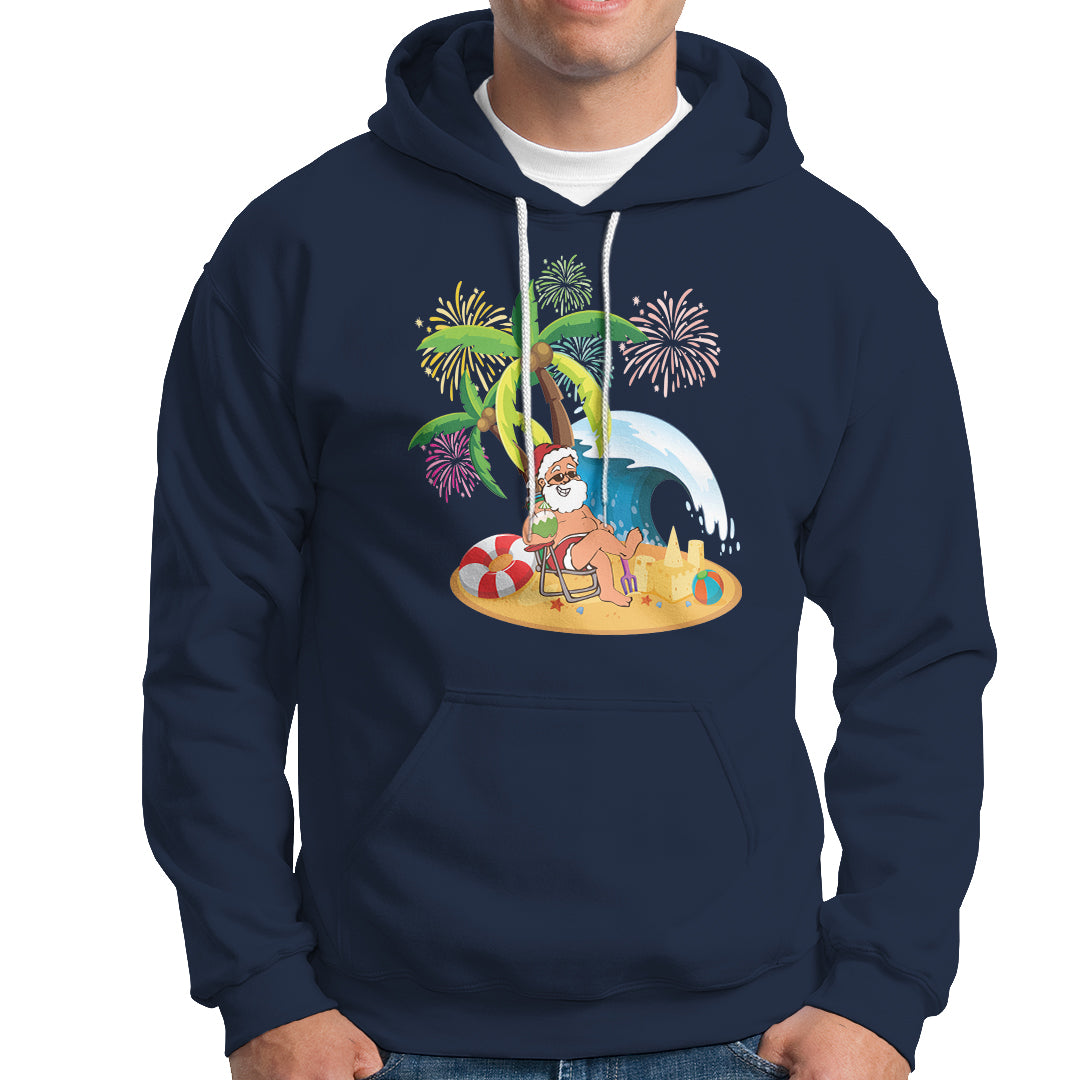 Christmas In Hawaii Hoodie Palm Tree Firework Santa At Beach Drinking Coconut - Wonder Print Shop
