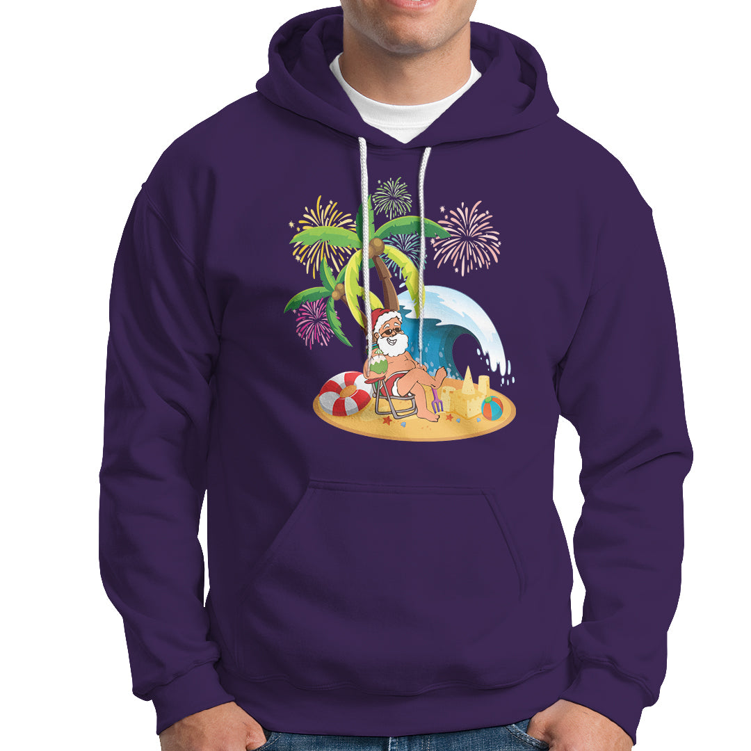 Christmas In Hawaii Hoodie Palm Tree Firework Santa At Beach Drinking Coconut - Wonder Print Shop