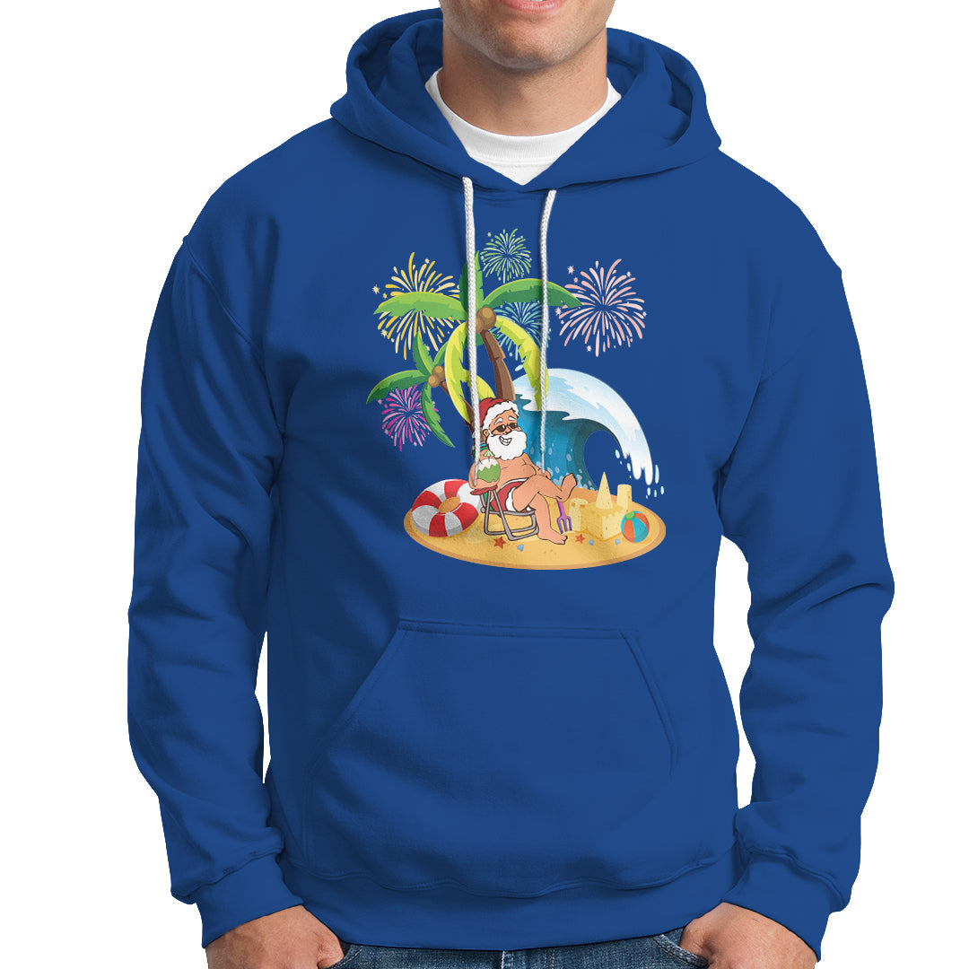 Christmas In Hawaii Hoodie Palm Tree Firework Santa At Beach Drinking Coconut - Wonder Print Shop