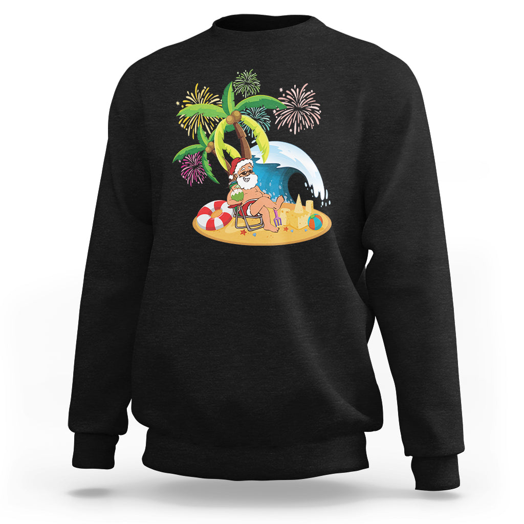 Christmas In Hawaii Sweatshirt Palm Tree Firework Santa At Beach Drinking Coconut - Wonder Print Shop