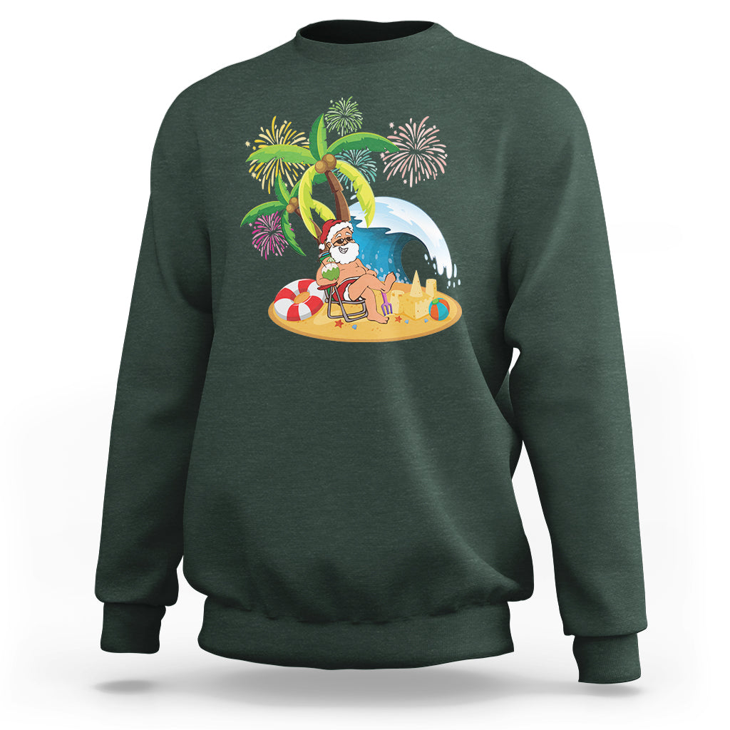 Christmas In Hawaii Sweatshirt Palm Tree Firework Santa At Beach Drinking Coconut - Wonder Print Shop
