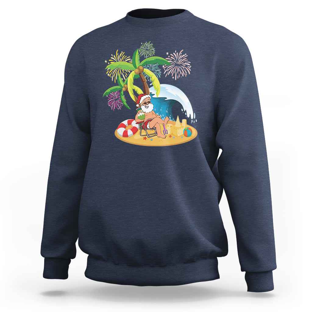 Christmas In Hawaii Sweatshirt Palm Tree Firework Santa At Beach Drinking Coconut - Wonder Print Shop