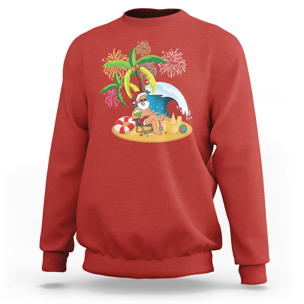 Christmas In Hawaii Sweatshirt Palm Tree Firework Santa At Beach Drinking Coconut - Wonder Print Shop