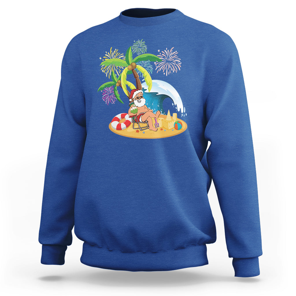 Christmas In Hawaii Sweatshirt Palm Tree Firework Santa At Beach Drinking Coconut - Wonder Print Shop