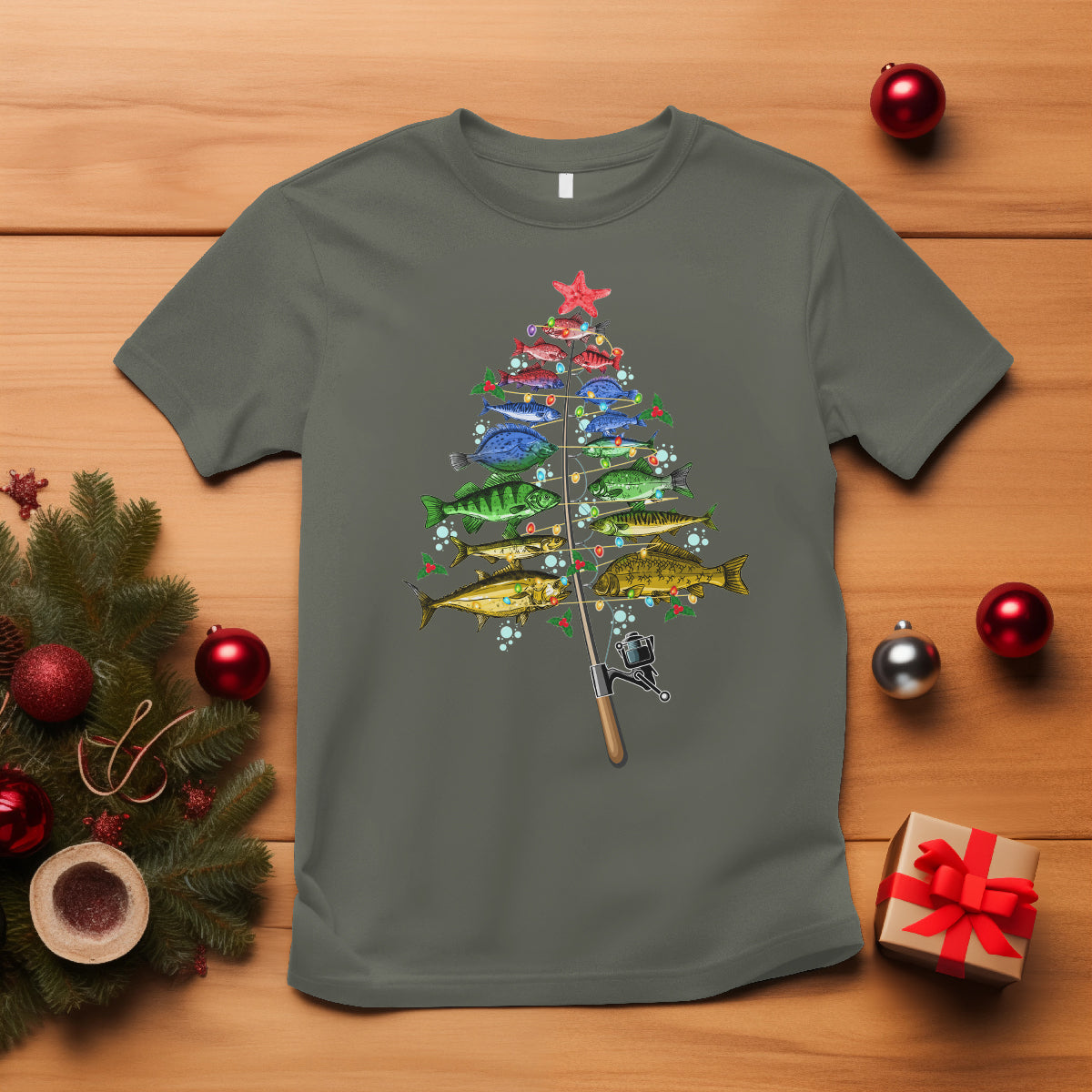 Aquatic Christmas Tree Fisherman Colorful Fish T Shirt - Wonder Print Shop