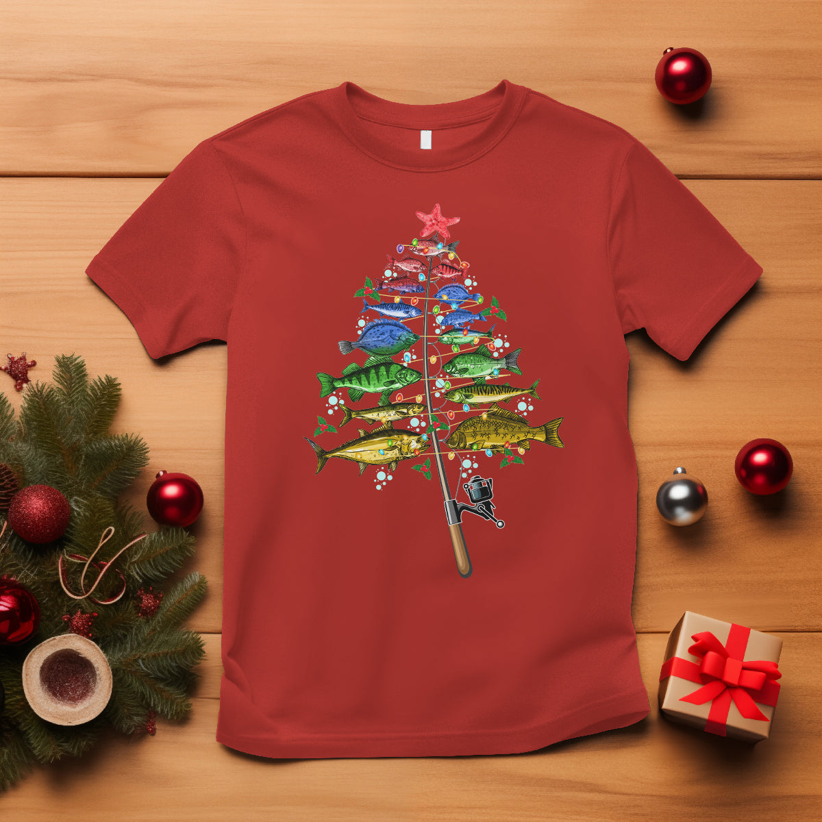 Aquatic Christmas Tree Fisherman Colorful Fish T Shirt - Wonder Print Shop