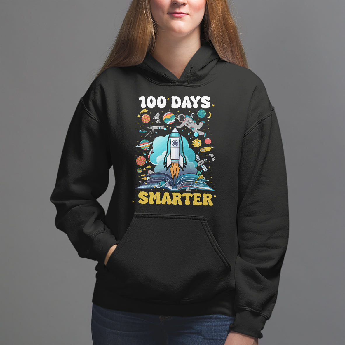 100th Day Of School Hoodie 100 Days Smarter Outer Space Magic Book - Wonder Print Shop