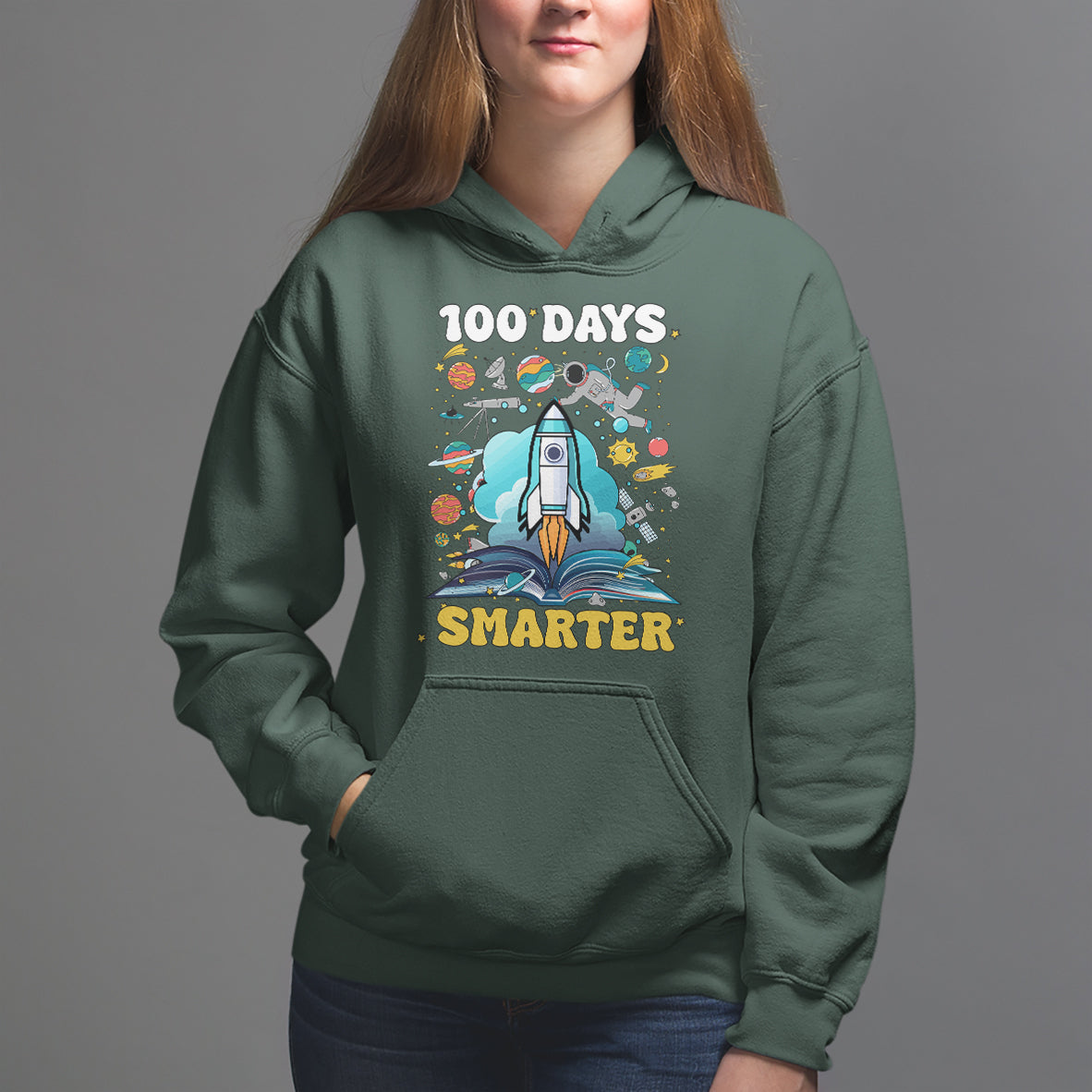 100th Day Of School Hoodie 100 Days Smarter Outer Space Magic Book - Wonder Print Shop