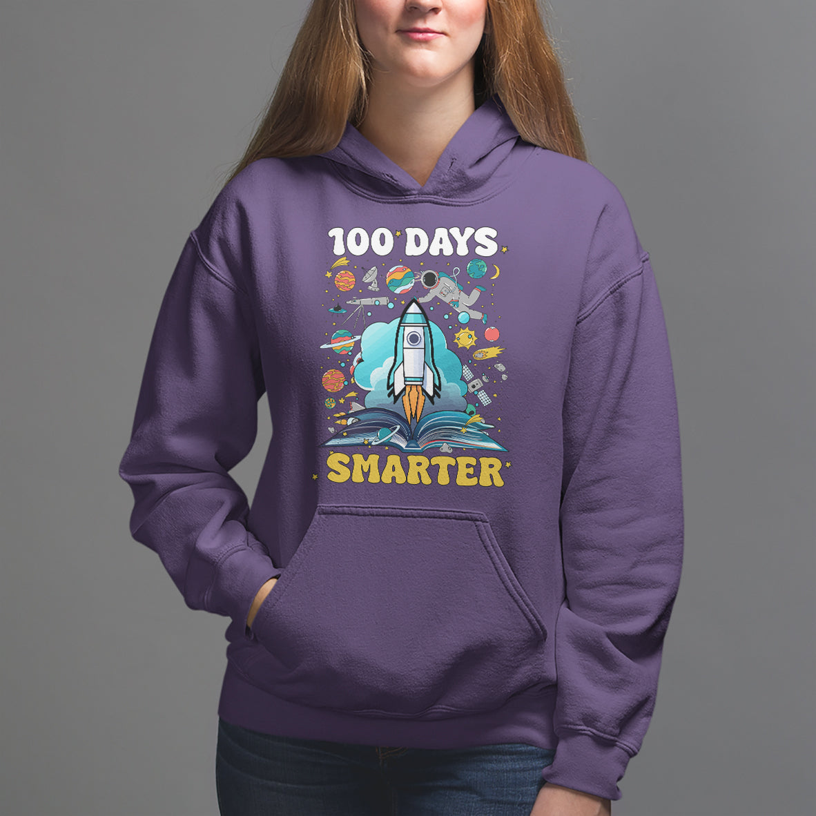 100th Day Of School Hoodie 100 Days Smarter Outer Space Magic Book - Wonder Print Shop