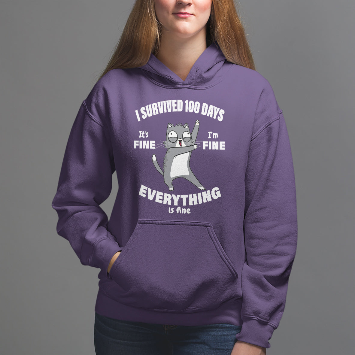 100th Day Of School Hoodie Funny Cat Everything Is Fine I Survived 100 Days - Wonder Print Shop