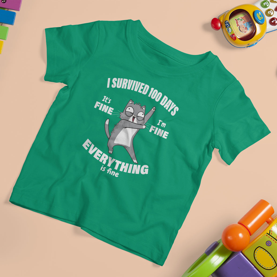 100th Day Of School T Shirt For Kid Funny Cat Everything Is Fine I Survived 100 Days - Wonder Print Shop